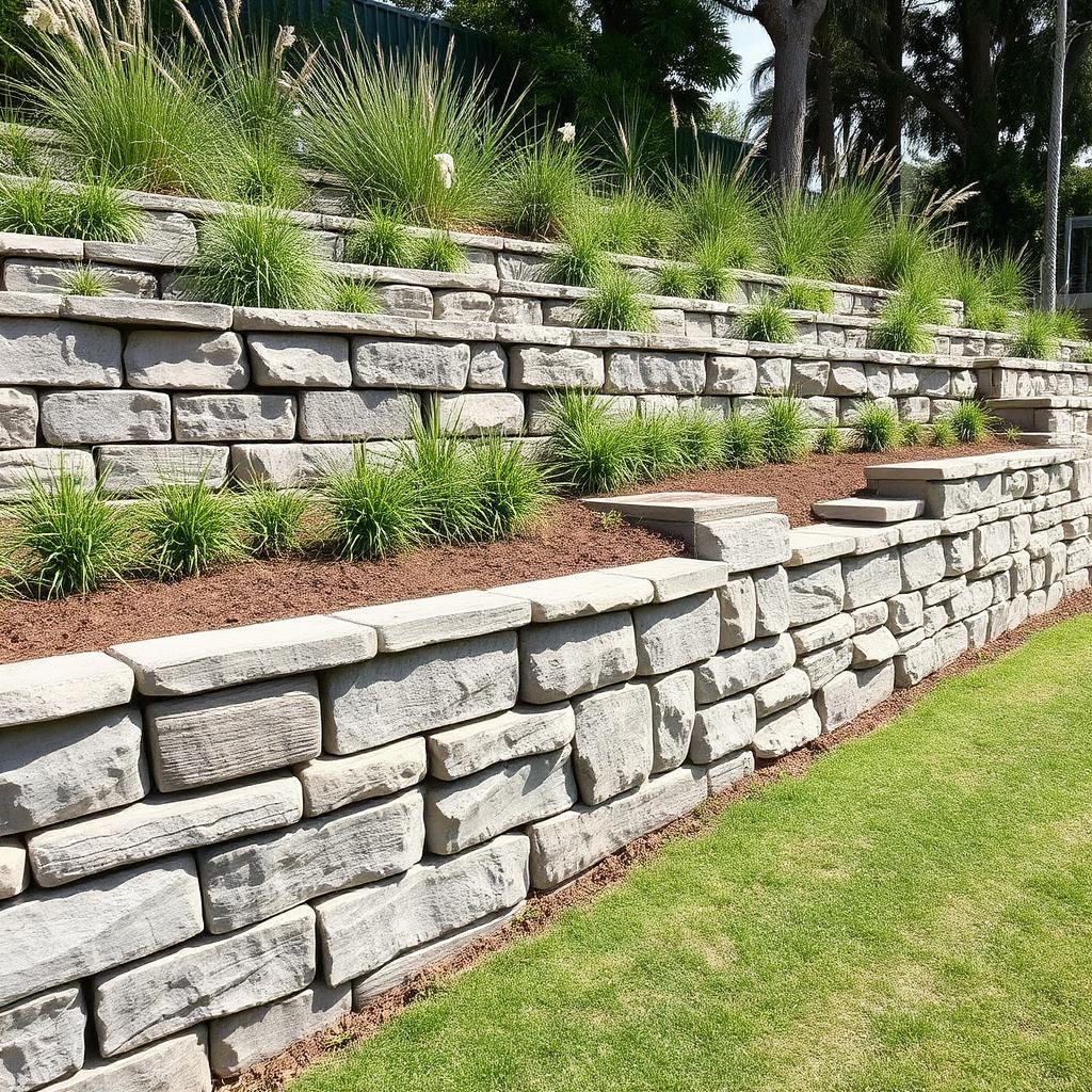 Stone retaining wall & tiers